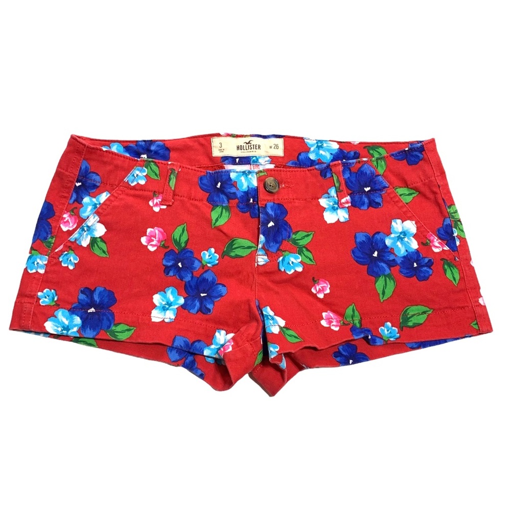 Hollister EUC Red Floral Print Low Rise Fitted Short Waist 26